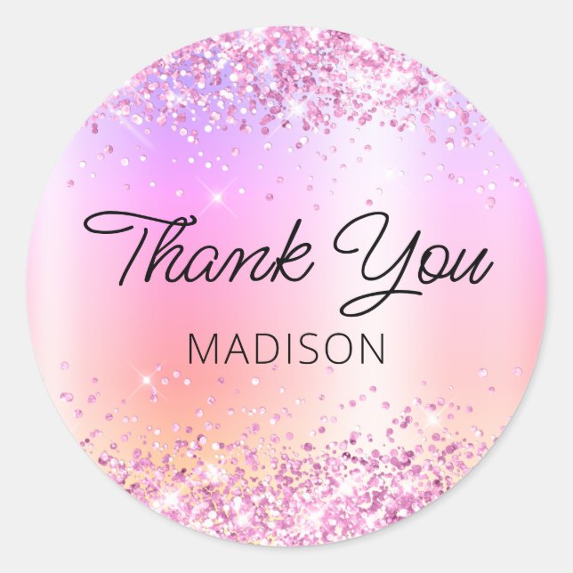 Pretty Pink Glitter Rainbow Shimmer Thank You Classic Round Sticker (Front)