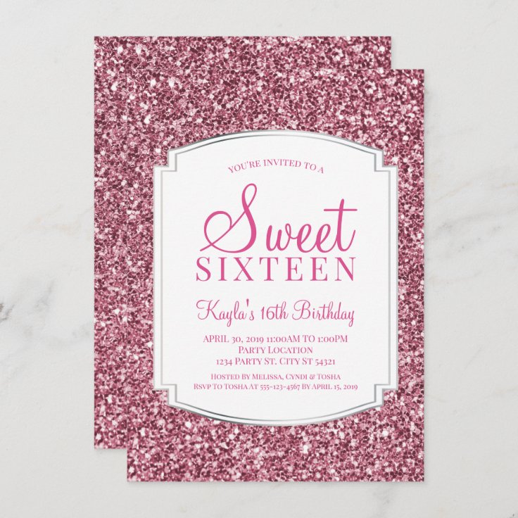 Pretty Pink Glitter Sweet 16 Invitations | Zazzle