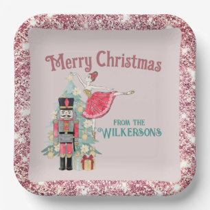 Pretty Pink Glitter & Teal Nutcracker Christmas Paper Plates