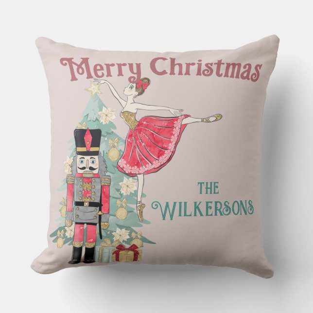 Pretty Pink Glitter & Teal Nutcracker Christmas Throw Pillow (Front)