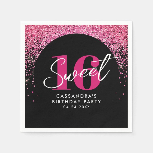 Pretty Pink Glitters Sweet Sixteen Birthday Party Napkins (Front)