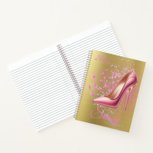 Pretty Pink Glittery High Heel Shoe on gold  Notebook