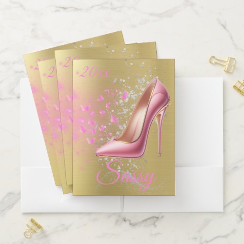 Pretty Pink Glittery High Heel Shoe on gold  Pocket Folder