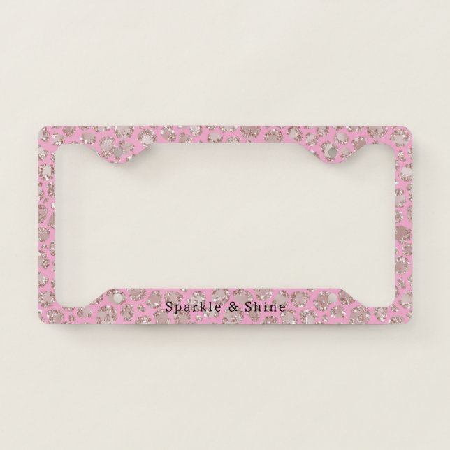 Pretty Pink Glitzy Glitter Sparkle Leopard License Plate Frame (Front)