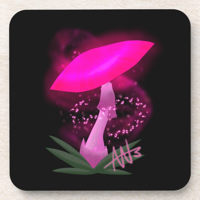 Pretty Pink Glowing Mushroom Beverage Coaster (Front)