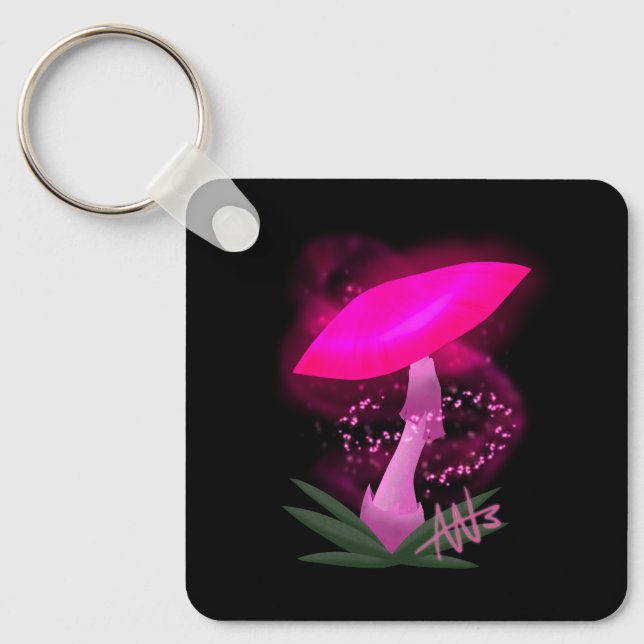 Pretty Pink Glowing Mushroom Metal Keychain (Front)