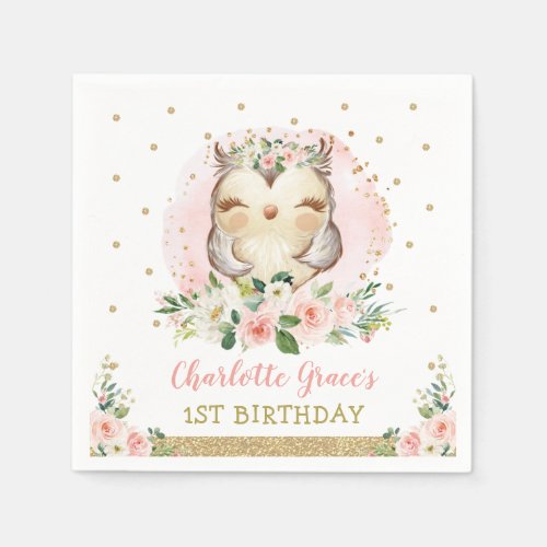 Pretty Pink Gold Baby Owl Girls Birthday Favors Napkins