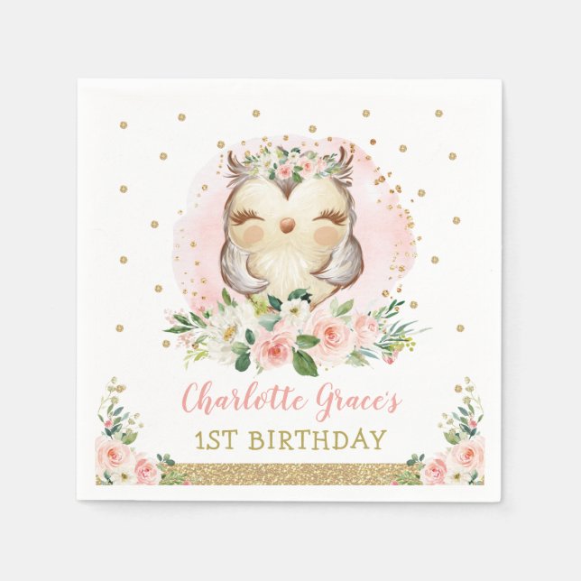 Pretty Pink Gold Baby Owl Girls Birthday Favors Napkins (Front)