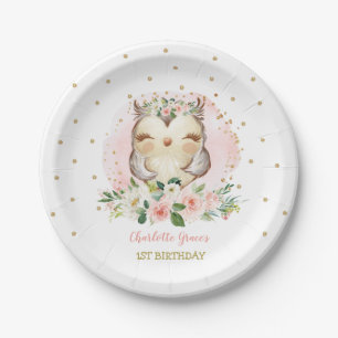 Pretty Pink Gold Baby Owl Girls Birthday Favors Paper Plates
