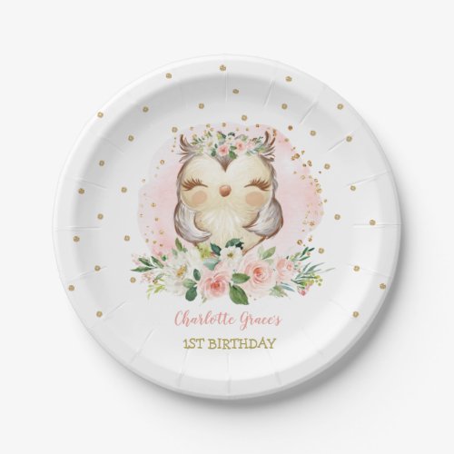 Pretty Pink Gold Baby Owl Girls Birthday Favors Paper Plates