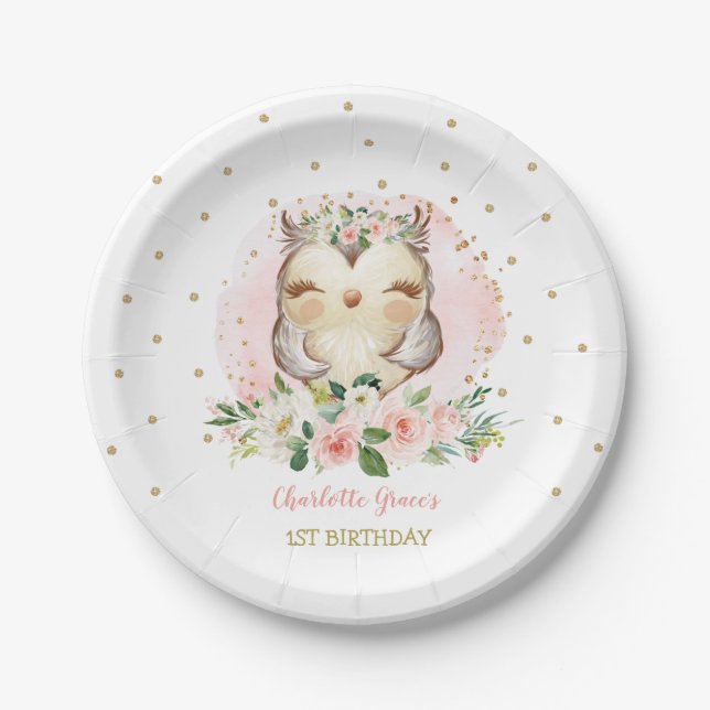 Pretty Pink Gold Baby Owl Girls Birthday Favors Paper Plates (Front)
