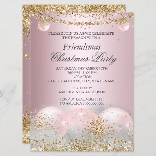 Pretty Pink Gold Bauble Friendsmas Christmas Party Invitation