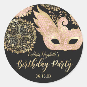 Pretty Pink Gold Black Masquerade Mask Birthday Classic Round Sticker
