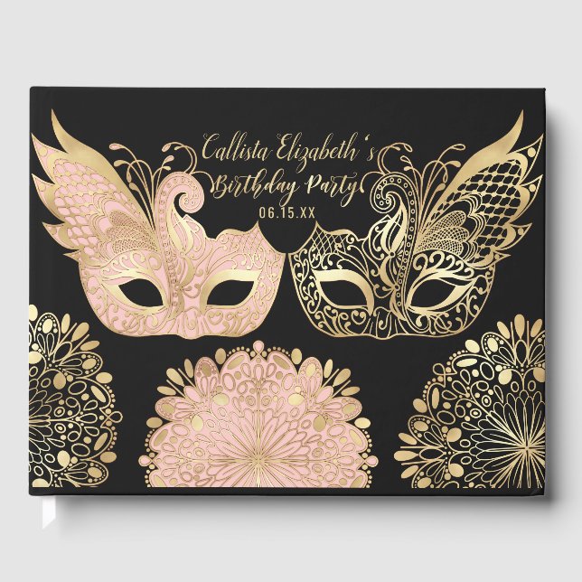 Pretty Pink Gold Black Masquerade Mask Birthday Guest Book (Front)