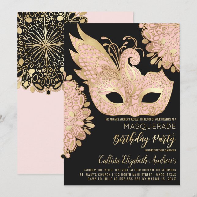 Pretty Pink Gold Black Masquerade Mask Birthday Invitation (Front/Back)