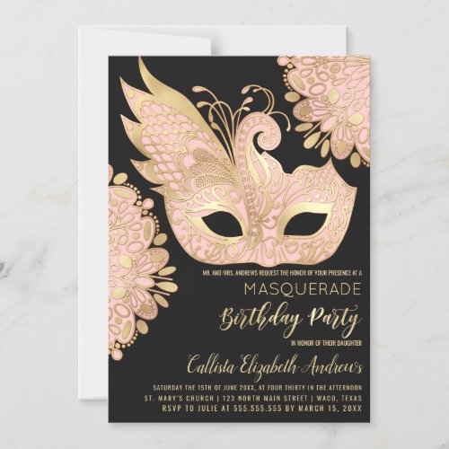Pretty Pink Gold Black Masquerade Mask Birthday Magnetic Invitation