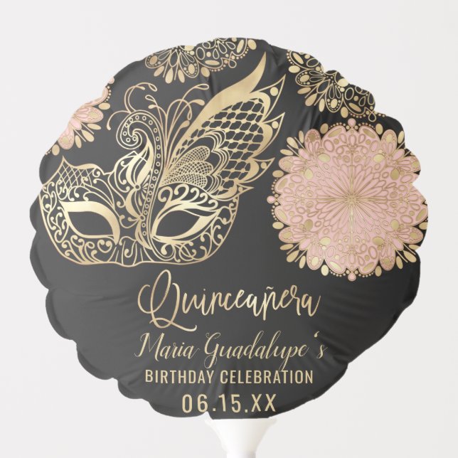 Pretty Pink Gold Black Masquerade Mask Quinceañera Balloon (Front)