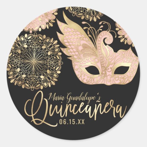 Pretty Pink Gold Black Masquerade Mask Quinceaera Classic Round Sticker