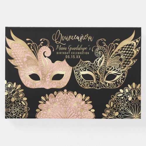 Pretty Pink Gold Black Masquerade Mask Quinceaera Guest Book