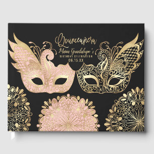 Pretty Pink Gold Black Masquerade Mask Quinceañera Guest Book