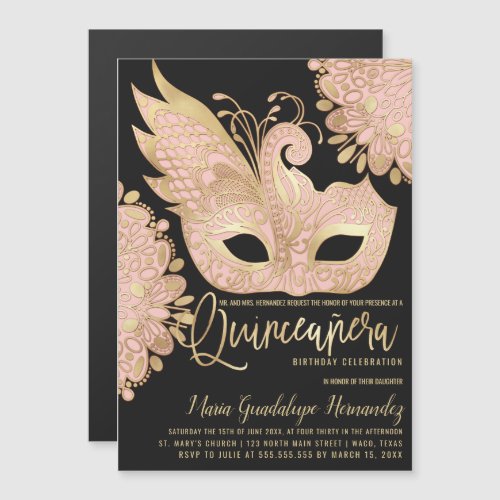 Pretty Pink Gold Black Masquerade Mask Quinceaera Magnetic Invitation