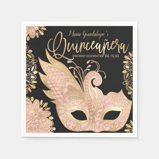 Pretty Pink Gold Black Masquerade Mask Quinceañera Napkins (Front)