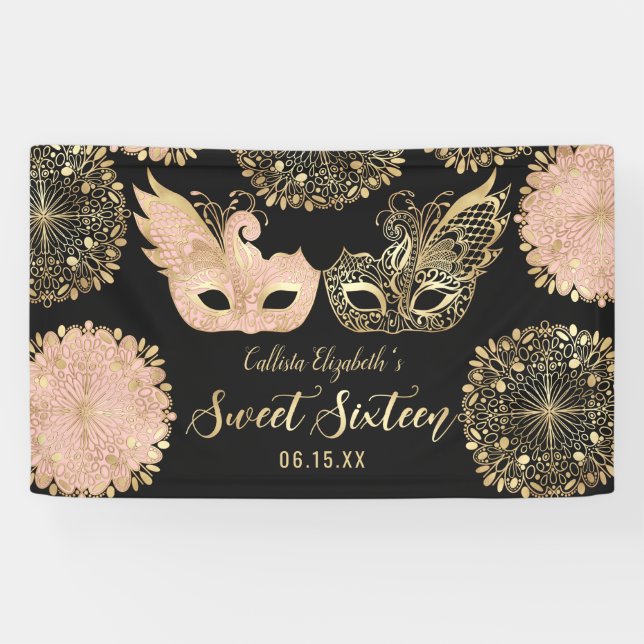 Pretty Pink Gold Black Masquerade Mask Sweet 16 Banner (Horizontal)