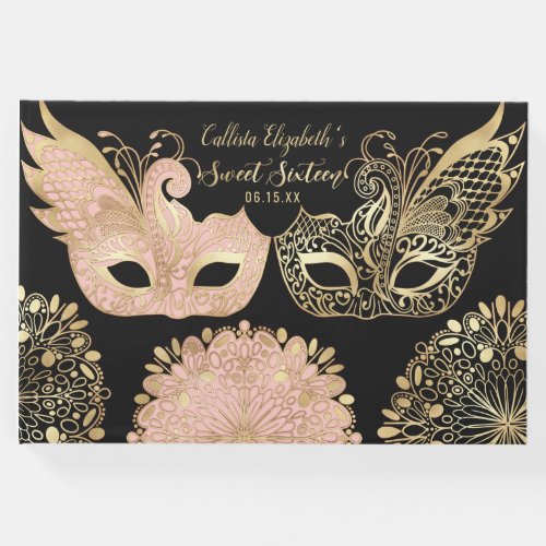Pretty Pink Gold Black Masquerade Mask Sweet 16 Guest Book