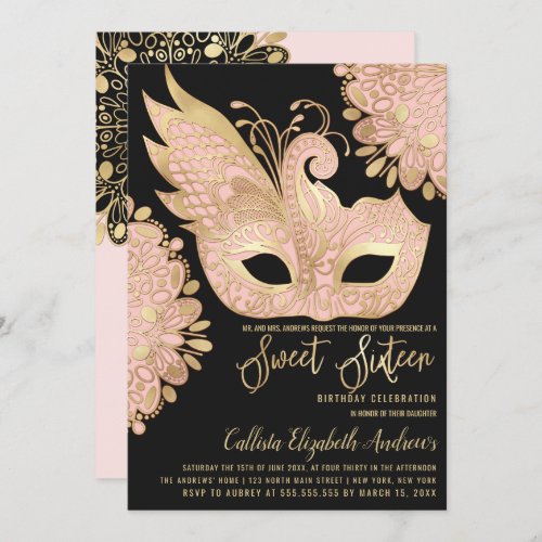 Pretty Pink Gold Black Masquerade Mask Sweet 16 Invitation