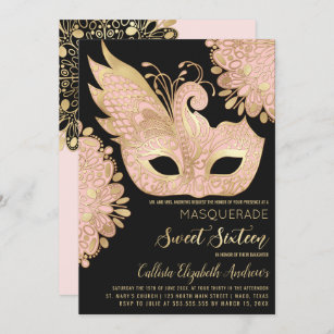Pretty Pink Gold Black Masquerade Mask Sweet 16 Invitation
