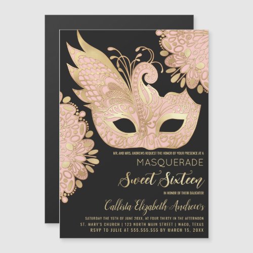 Pretty Pink Gold Black Masquerade Mask Sweet 16 Magnetic Invitation