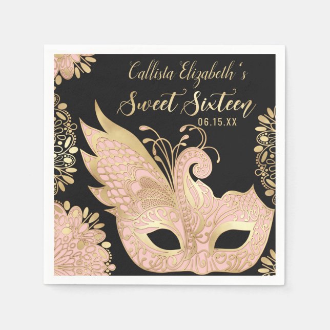 Pretty Pink Gold Black Masquerade Mask Sweet 16 Napkins (Front)