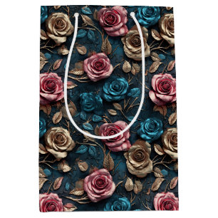 Pretty Pink Gold Blue Roses Medium Gift Bag