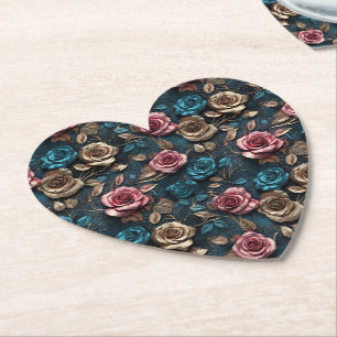 Pretty Pink Gold Blue Roses  Paper Coaster