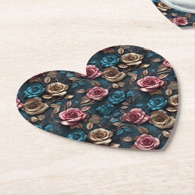 Pretty Pink Gold Blue Roses  Paper Coaster (Angled)