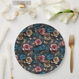 Pretty Pink Gold Blue Roses  Paper Plates