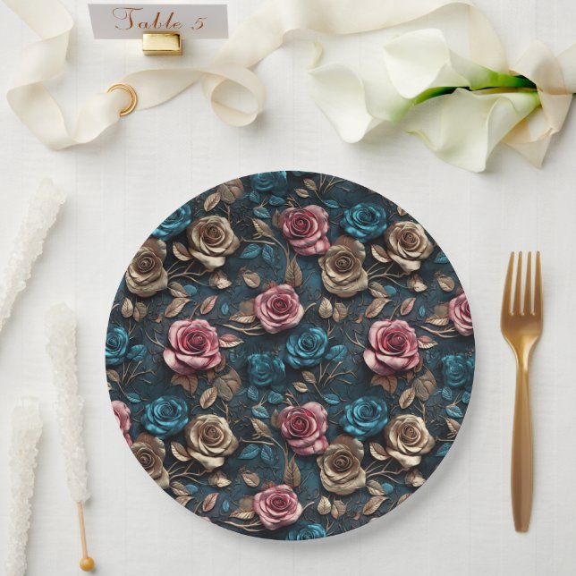 Pretty Pink Gold Blue Roses  Paper Plates (Wedding)