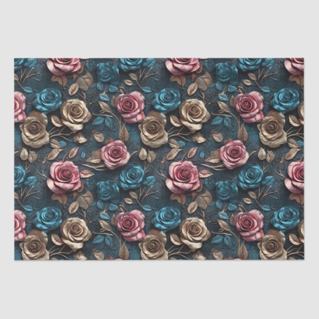 Pretty Pink Gold Blue Roses  Tissue Paper (Front)