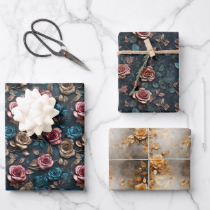 Pretty Pink Gold Blue Roses Wrapping Paper Sheets