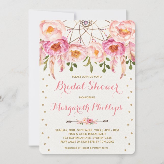 Pretty Pink & Gold Boho Dreamcatcher Bridal Shower Invitation (Front)