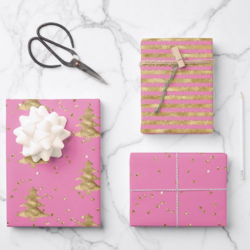 Pretty Pink Gold Christmas Tree Glitz  Wrapping Paper Sheets
