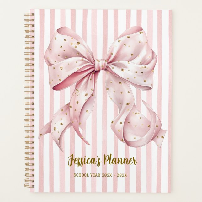 Pretty Pink Gold Confetti Bow School Planner (Front)