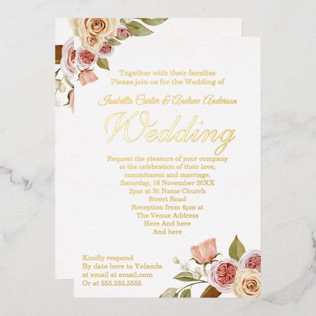 Pretty Pink Gold Floral Elegant Wedding Foil Invitation (Front/Back)