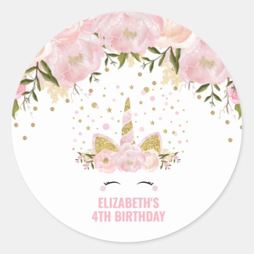 Pretty Pink Gold Floral Unicorn Birthday Favors Classic Round Sticker