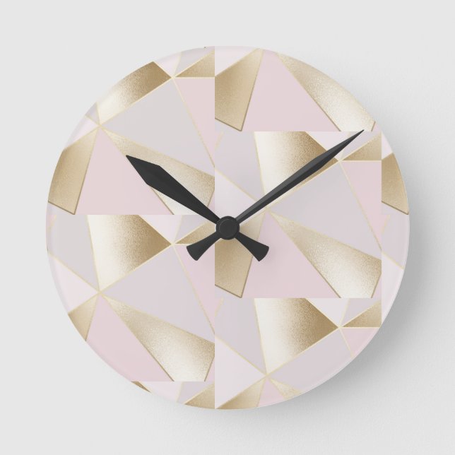 Pretty Pink Gold Geometric  Round Clock (Front)