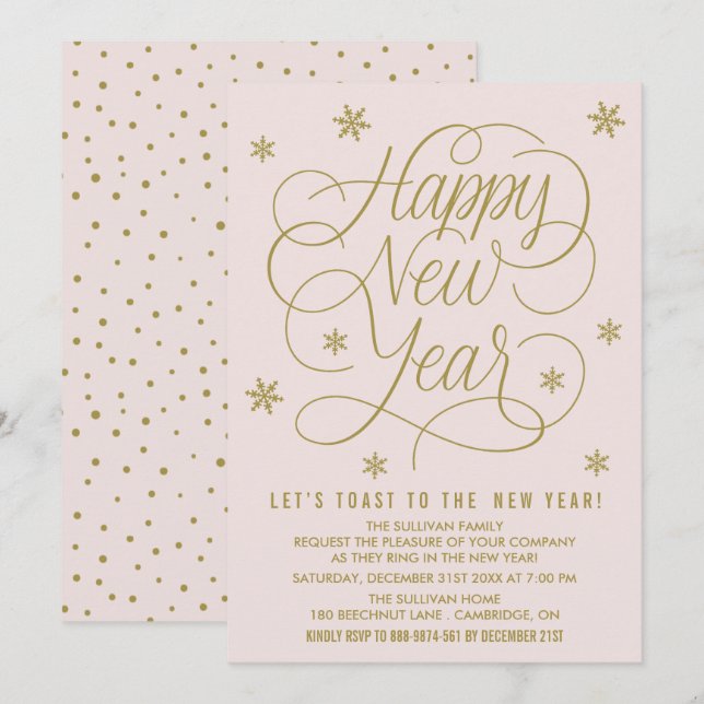 Pretty Pink & Gold New Year's Eve Party Invitation (Front/Back)