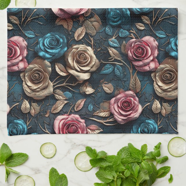 Pretty Pink Gold Roses  Kitchen Towel (Folded)