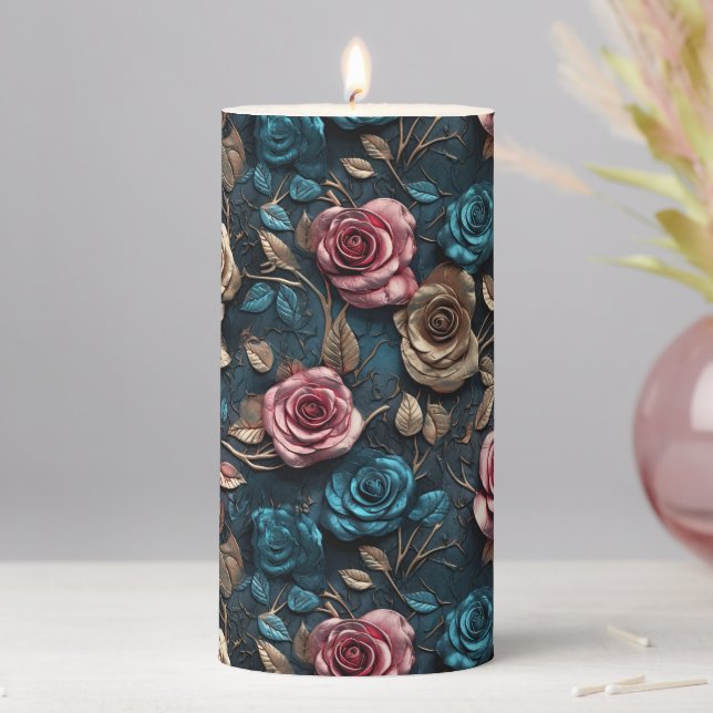 Pretty Pink Gold Roses  Pillar Candle (In Situ)