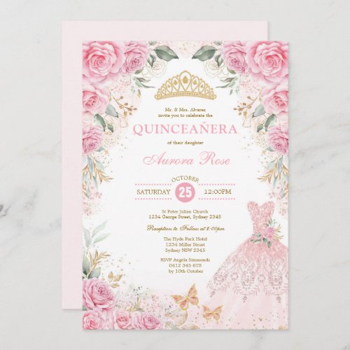 Pretty Pink Gold Roses Princess Dress Quinceaera  Invitation
