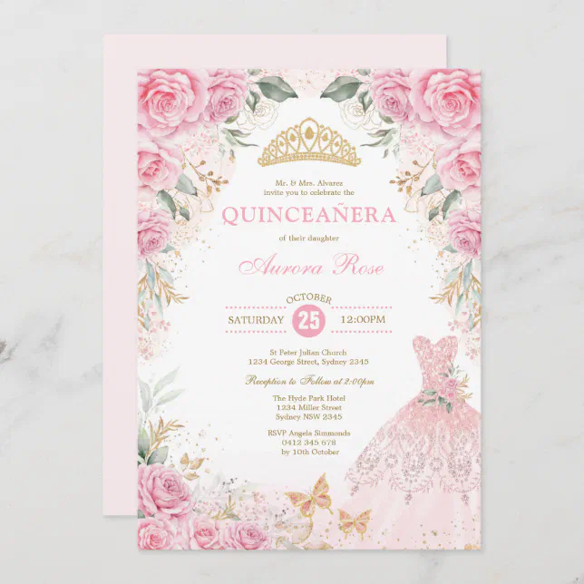 Pretty Pink Gold Roses Princess Dress Quinceañera Invitation | Zazzle